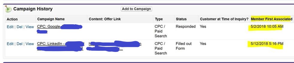 Contact Campaign History Member First Associated Date/Time Field